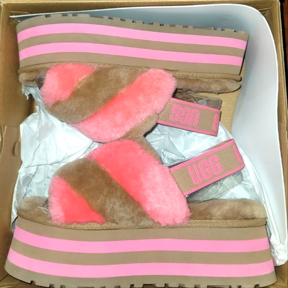 UGG DISCO STRIPE SLIDE PLATFORM SANDAL PINK TAN WOOL SLINGBACK SIZE US 7
